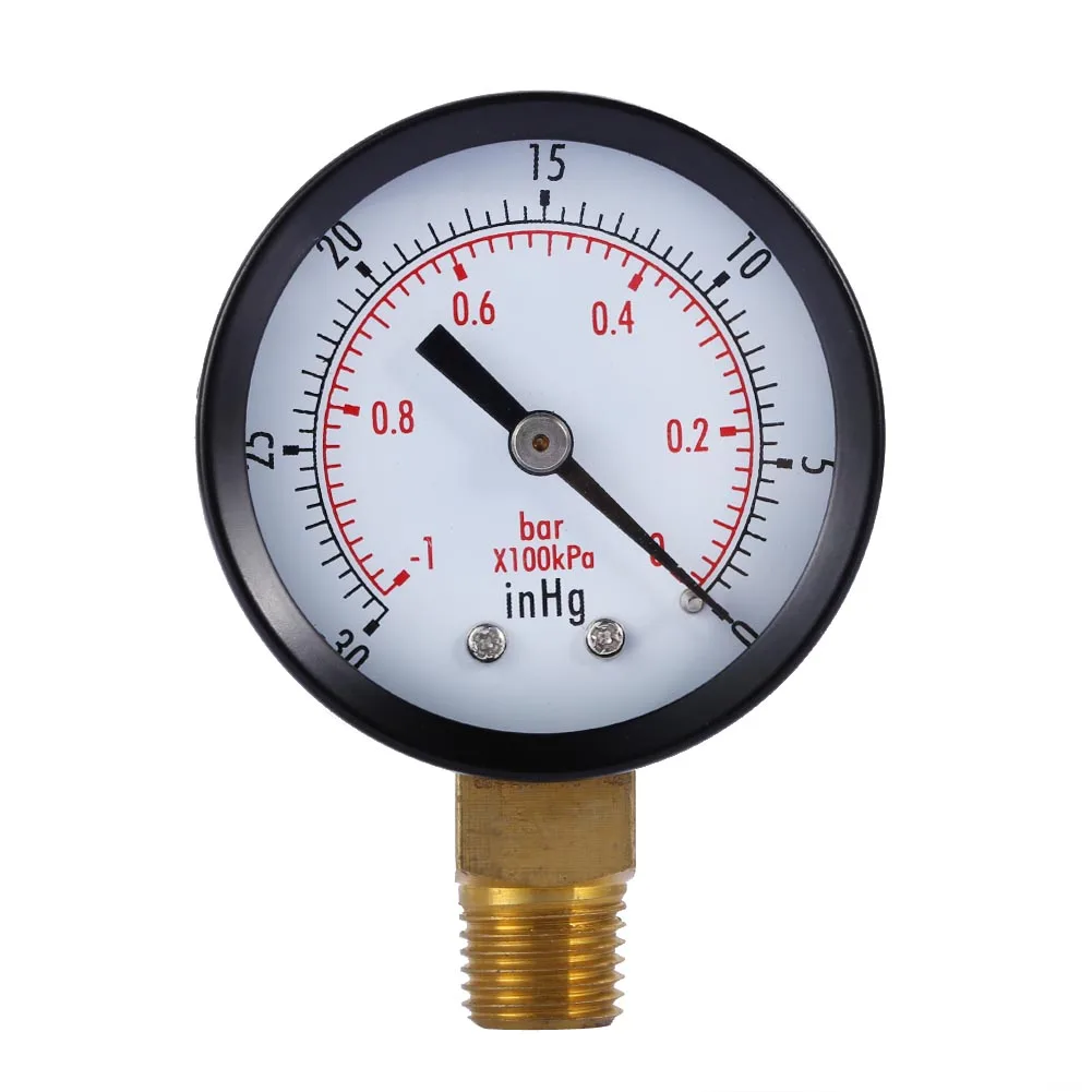 50mm Face Double Scale Pressure Gauge 1/4inch NPT Lower Mount 0~-30nhg 0~-1Bar Vacuum Manometer for Air Water Fuel Liquids