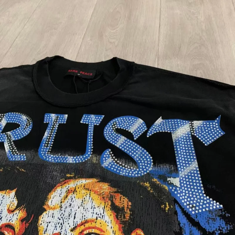 Rare Peace Trust No One Blue Baby High-Quality 100% Cotton Fashionable Oversized Loose-Fit Rhinestone Short-Sleeve T-Shirt