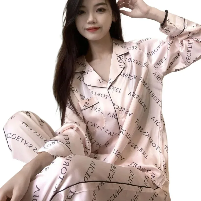 

Korean Simple Style Pajamas Women's Silk Long-sleeved Pink Letter Light Luxury Spring Autumn Loungewear Set Can Be Worn Outside