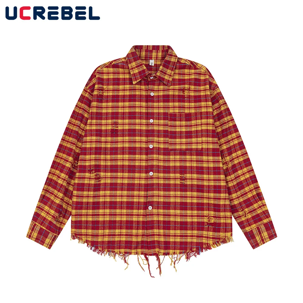 Ripped Raw edge Plaid Shirts Mens Autumn High Street Loose Lapel Long Sleeve Single Breasted Shirts Men