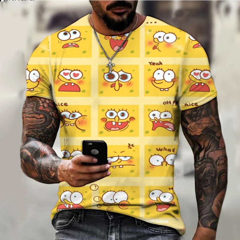 SpongeBob cartoon print children\'s T-shirt 2024 summer new Harajuku trendy brand all-match men\'s round neck casual T-shirt