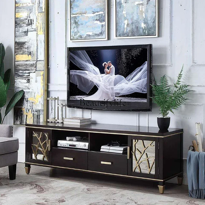 yj32 L. خزانة تلفزيون فاخرة خفيفة أمريكية لغرفة المعيشة أثاث من الخشب الصلب خزانة أرضية من خشب الجوز الأسود