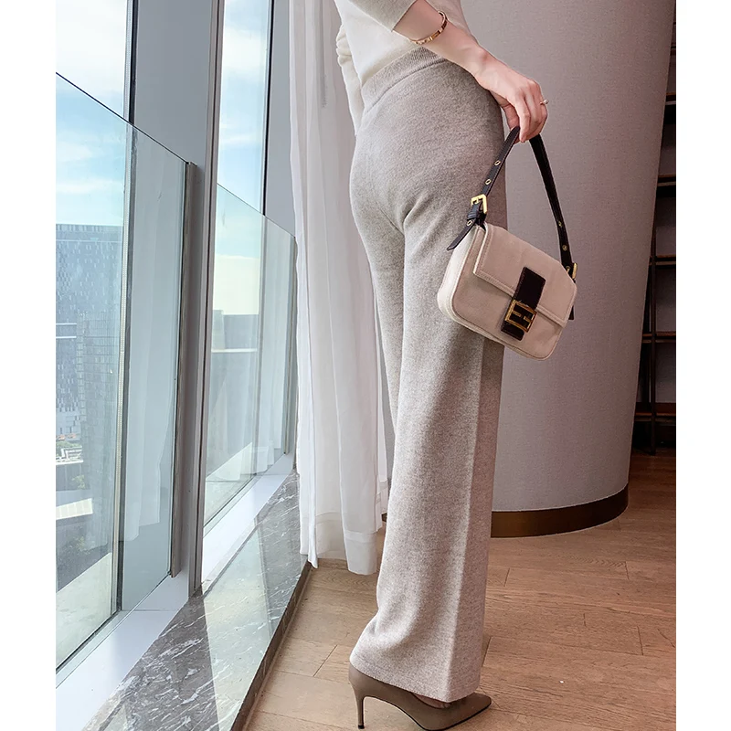 Women Pants 2023 New Autumn and Winter Soft Comfortable High-Waist Cashmere Knitted Pants Female Pure Color Wide Leg Casual