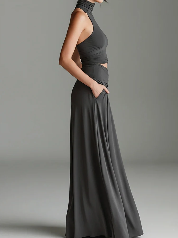 Women's Turtleneck Sleeveless Pullover Short Top with Maxi Skirts Two-Piece Set Casual Elegant Holiday Simple Outfit Streetwear