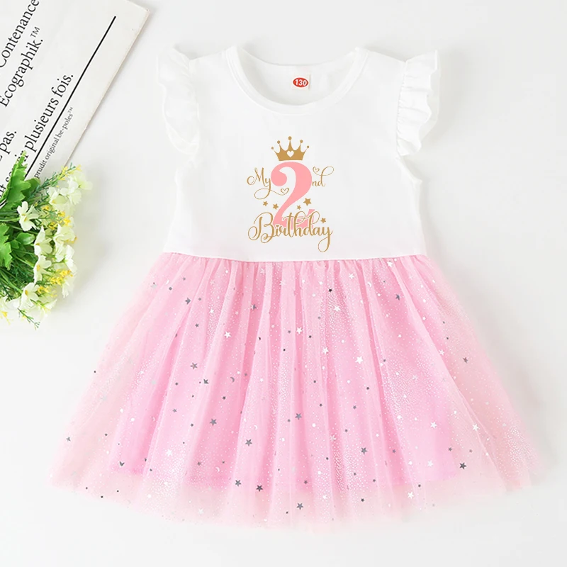 My 1st Birthday Little Girls Pink Dress Kid Princess Tutu Dresses Baby Birthday Party Outfits Toddler Short Sleeve Gold Dot Star