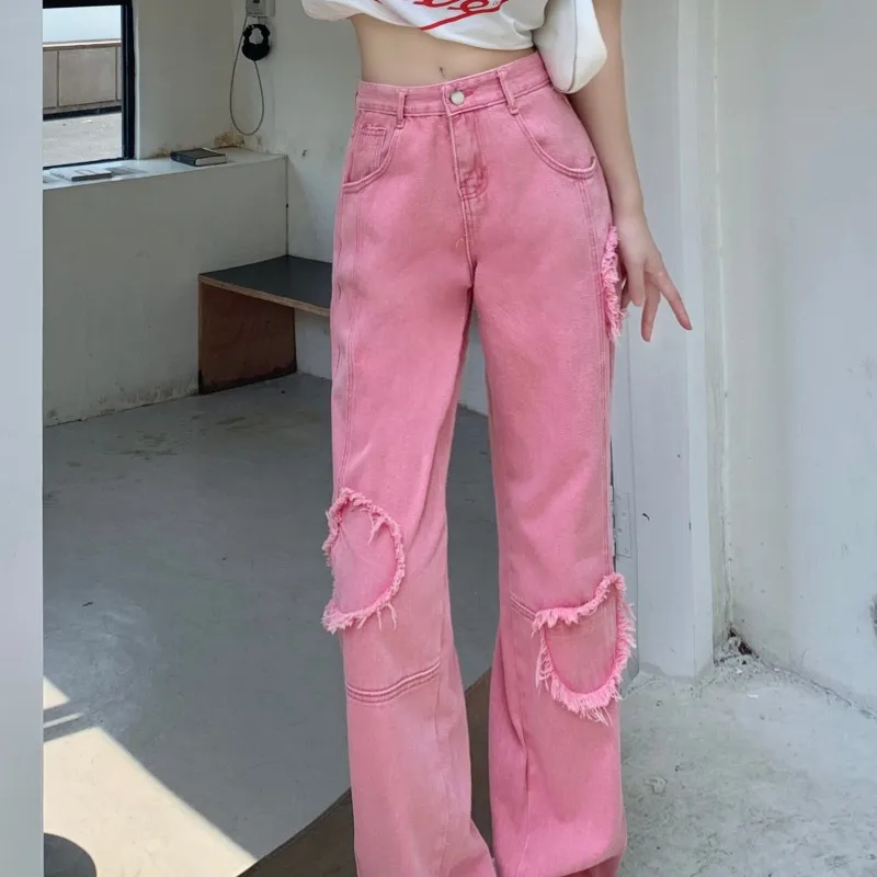 

Women Bottoms Vintage Pink High Waist Jeans Casual Straight Wide Leg Pants High Street Baggy Mopping Denim Trouser Ladies Summer