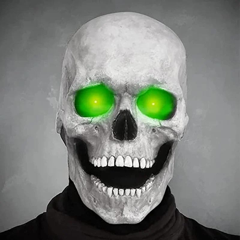 Glowing Green Eyes Full Head Skull Mask with Movable Jaw for Halloween and Horror Costumes - Spooky and Scary Mask Creativity