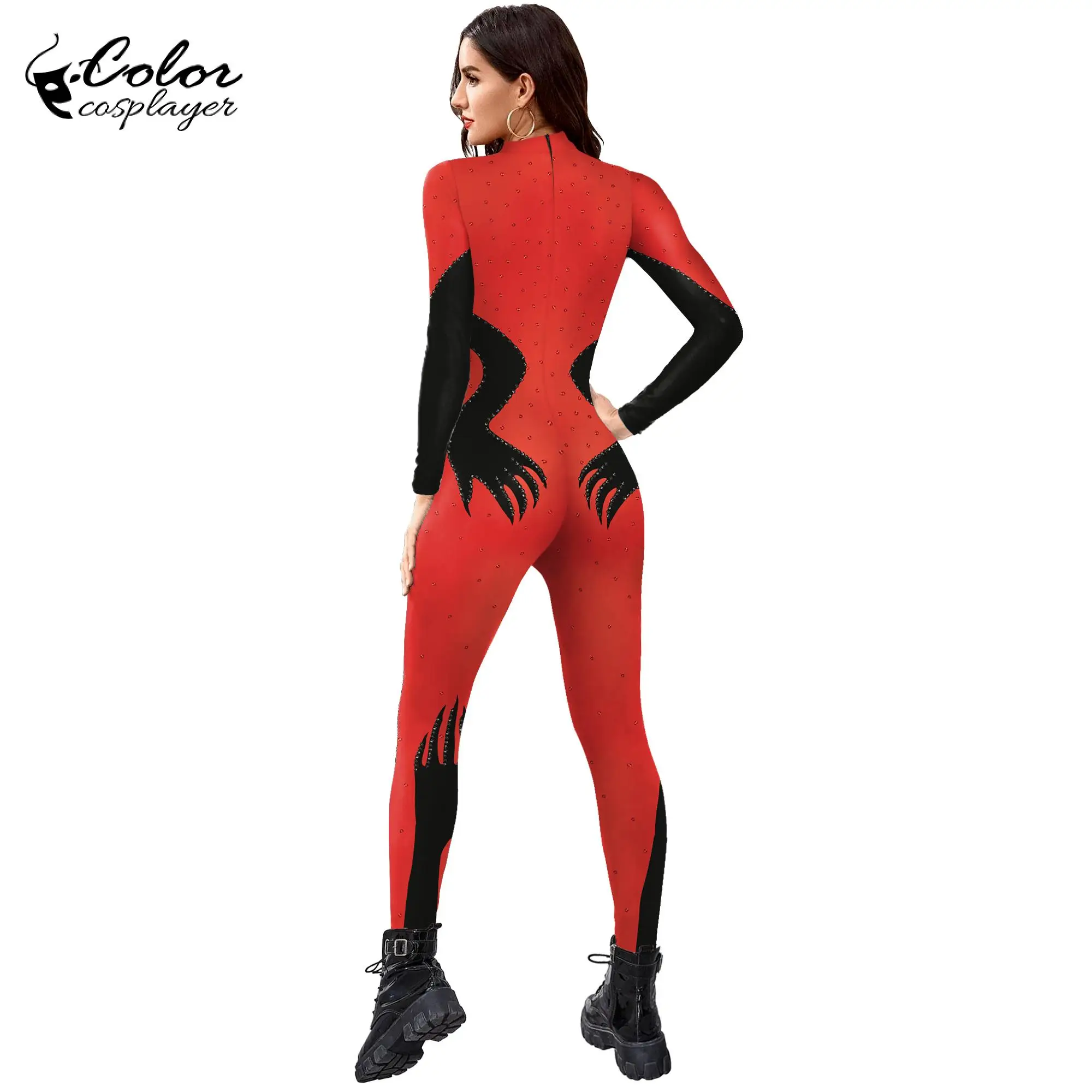 Colore Cosplayer rosso donne tuta cerniera tuta a maniche lunghe Halloween divertente Costume Cosplay Stage Carnival abbigliamento per adulti