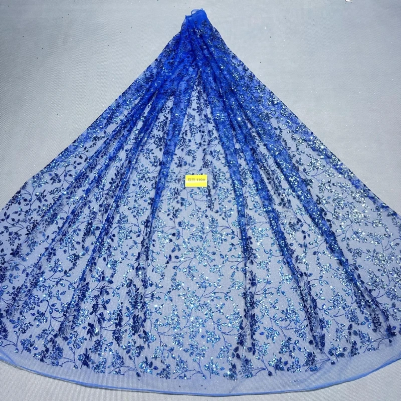 

5 ярдов королевского синего цвета, модный африканский дизайн, блестящая ткань с вышивкой, сетчатое кружево с приклеенными блестками и пайетками для свадебных или праздничных платьев