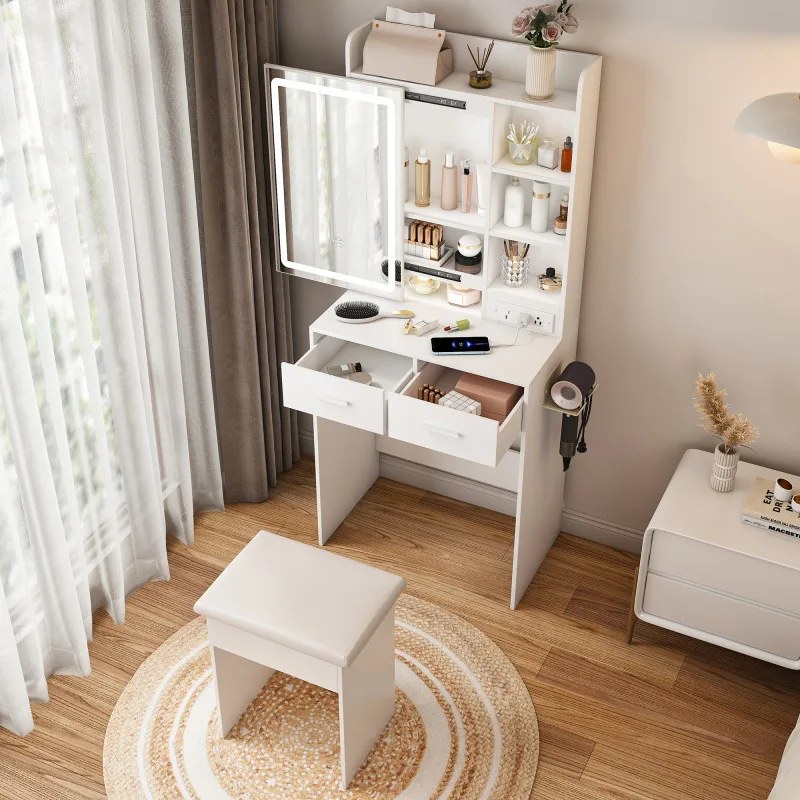 Makeup Vanity Desk With Mirror Adjustable LED Lights Built In Power Outlet Hidden Storage  Includes Padded Stool  Shelf Space S