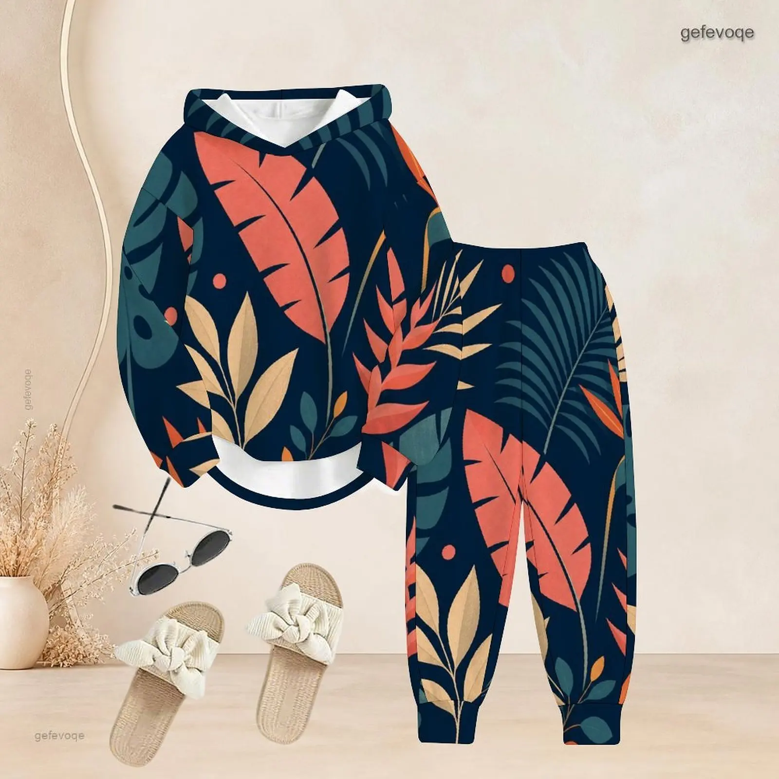 Tropical Leaf Printed 2 Piece Set, Long Sleeve Hooded Top and Cuffed Pants