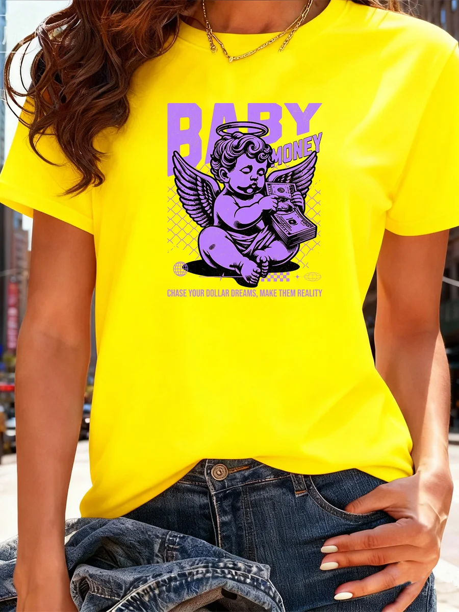 تي شيرت أبيض قصير الأكمام مع طباعة جرافيك أرجواني Angel Baby Money، قميص كاجوال عصري للنساء #2