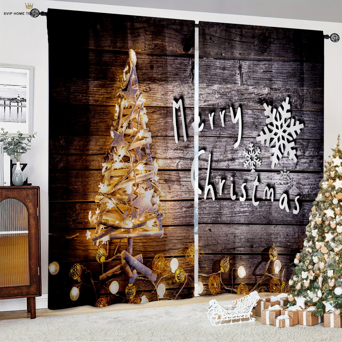 Christmas Tree Window Display New Year Decoration Curtain Rod Pocket Machine Washable Bedroom Dining Room Decoration Curtain