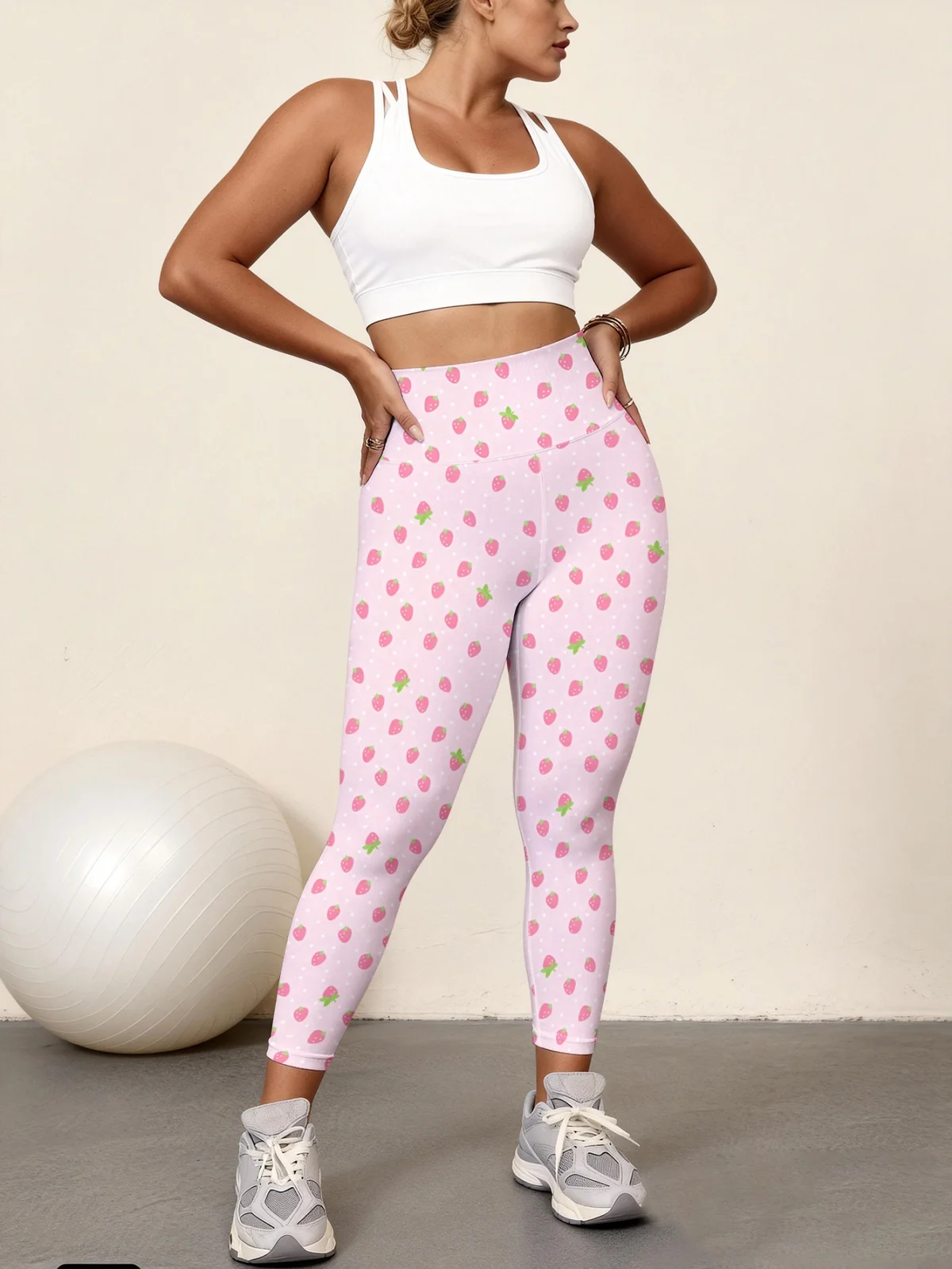 

Женские брюки для йоги с высокой талией и принтом в виде клубничных точек, высокоэластичные быстросохнущие спортивные леггинсы.