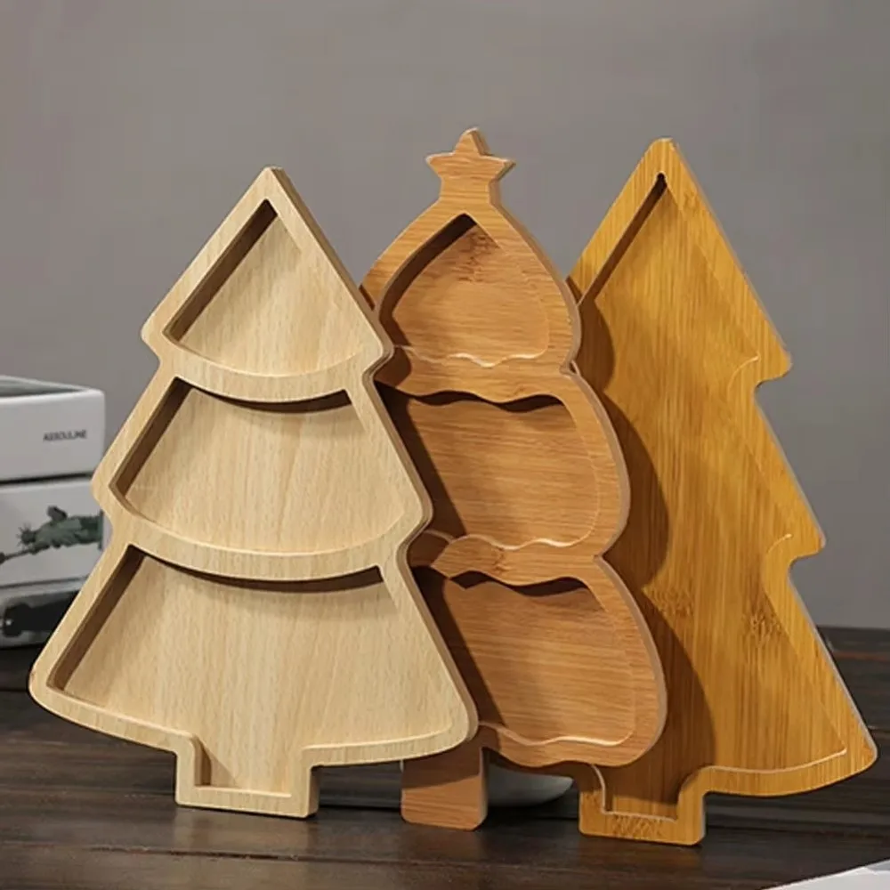 Wooden Christmas Decoration Tray Multi grid Washable Christmas Tree Tray Plate Tree Hat Shape Tree Appetizer Platter Household