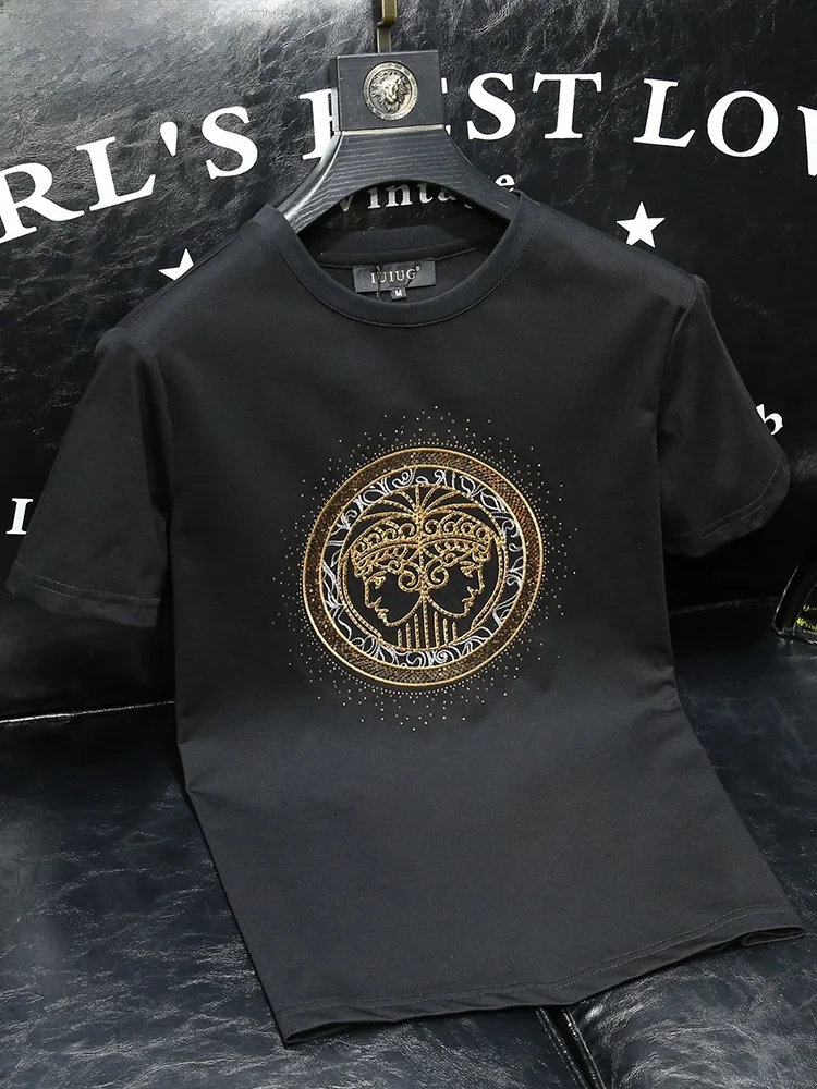 

Роскошная вышитая футболка с коротким рукавом для мужчин, летняя новинка, из шелка и хлопка, модная городская молодежная повседневная модель