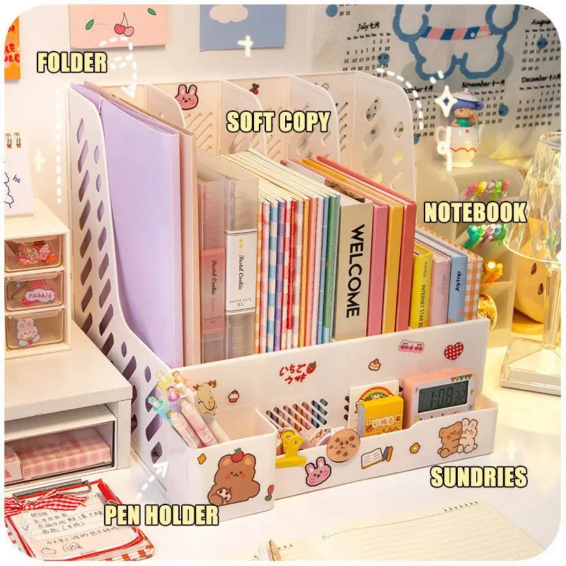 Imagem -03 - Kawaii Desk Organizer com Cesta de Armazenamento Destacável Bandeja de Arquivo do Escritório Book Stand Office Rack Dobrável Desktop