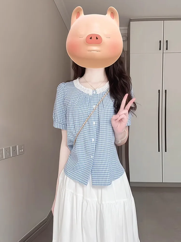 

Blue Plaid Ruffle Collar ort Sve Bubble Sve irt Women's Summer New Sweet Small Size Bubble Sve Top Blouse