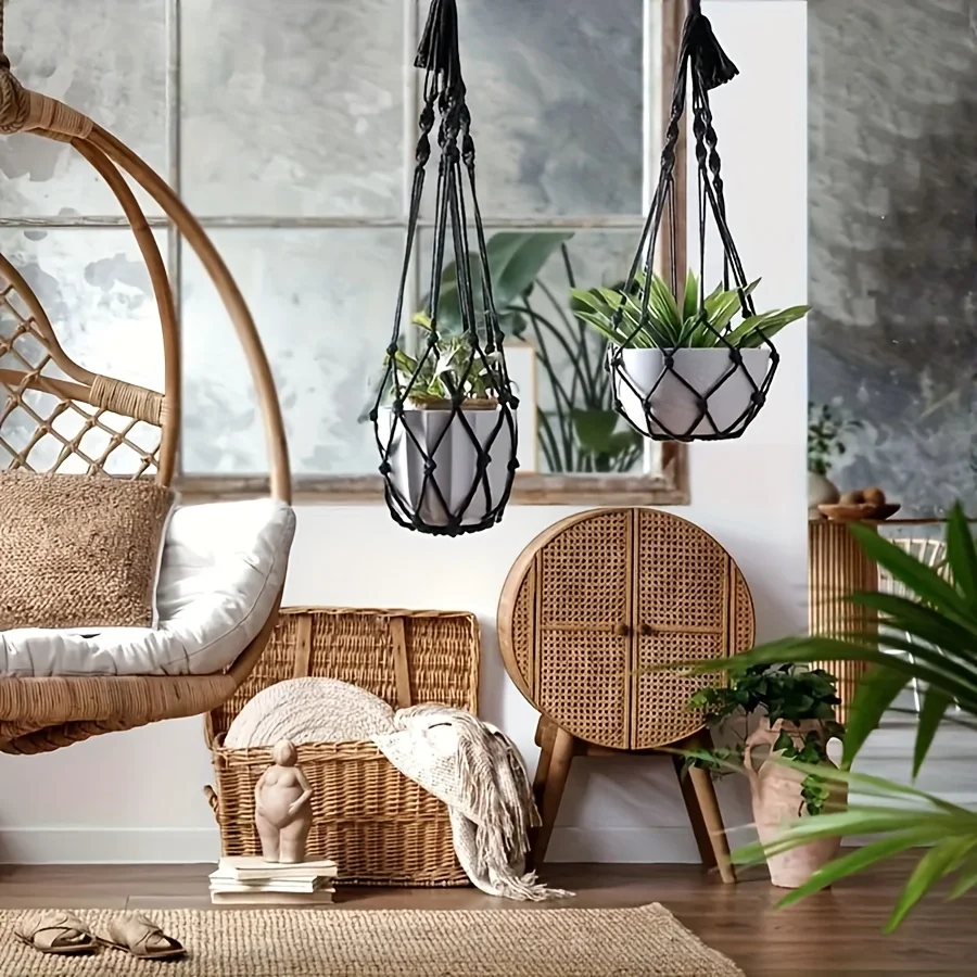 2pcs Bohemian Plant Hangers, Black White Macramé Holder with Hook for Indoor Outdoor Garden Decor