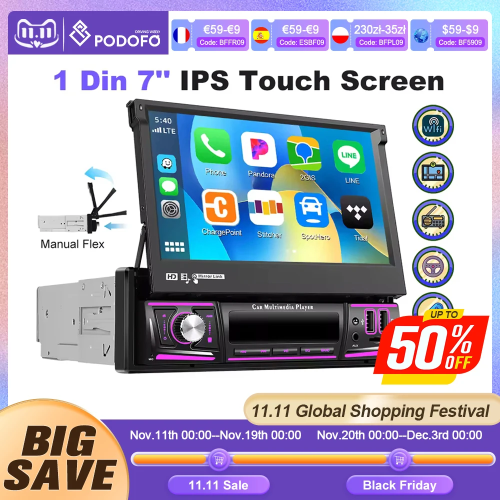 Podofo 7 ''1DIN IPS شاشة تعمل باللمس 4 + 64G Android15 Car Tereo Wireless Carplay GPS Navi Wifi FM RDS بلوتوث USB الوسائط المتعددة #1