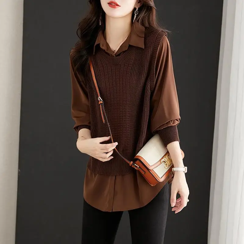 Female Clothing Commute Fake Two Pieces Solid Color Polo-Neck Knitted Sweaters Stylish Spliced Autumn Winter Korean Jumpers 2022