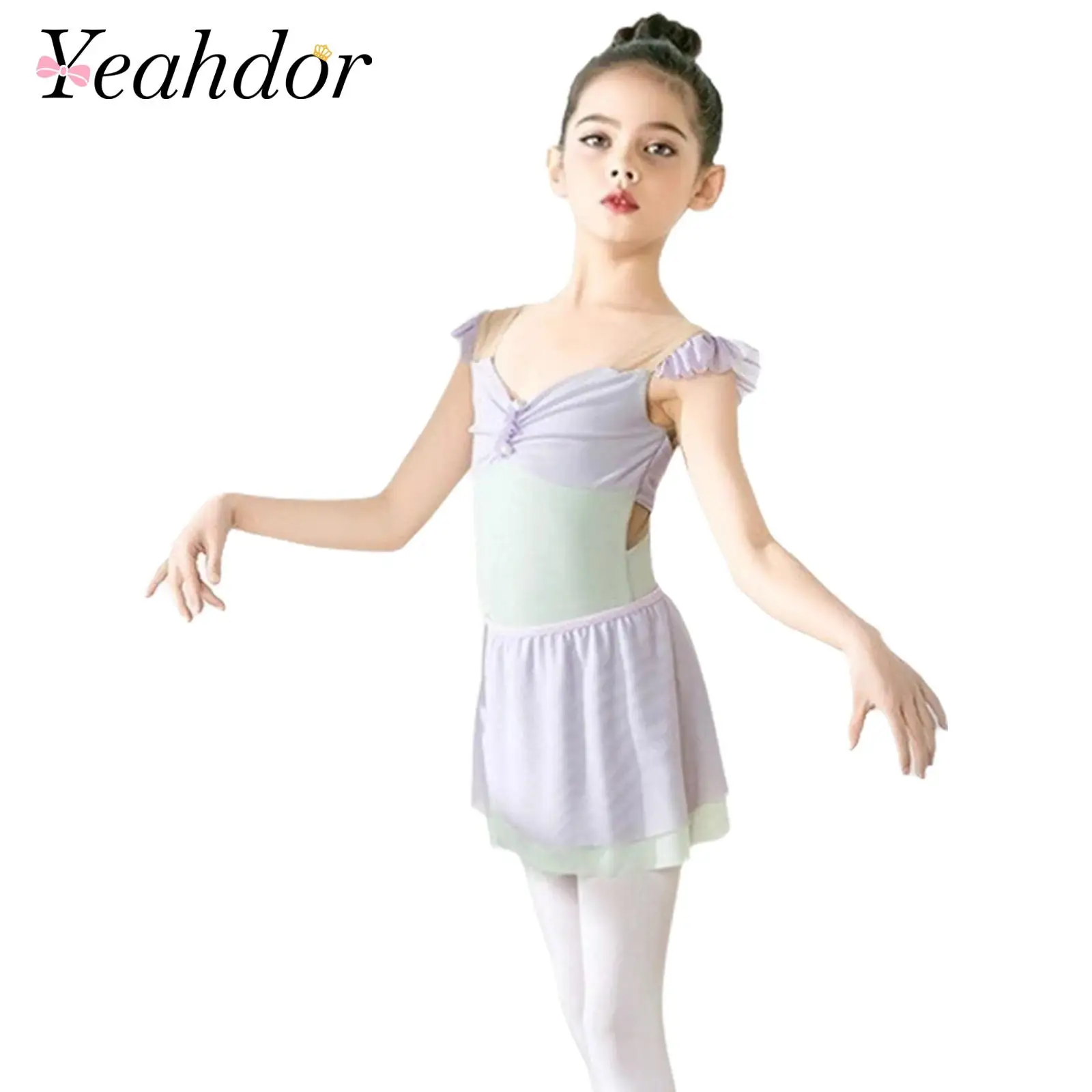 Ropa de Bailarina para Niñas, Leotardo de Gimnasia con Mangas con Volantes, Parches de Malla y Falda para Práctica de Ballet y Danza