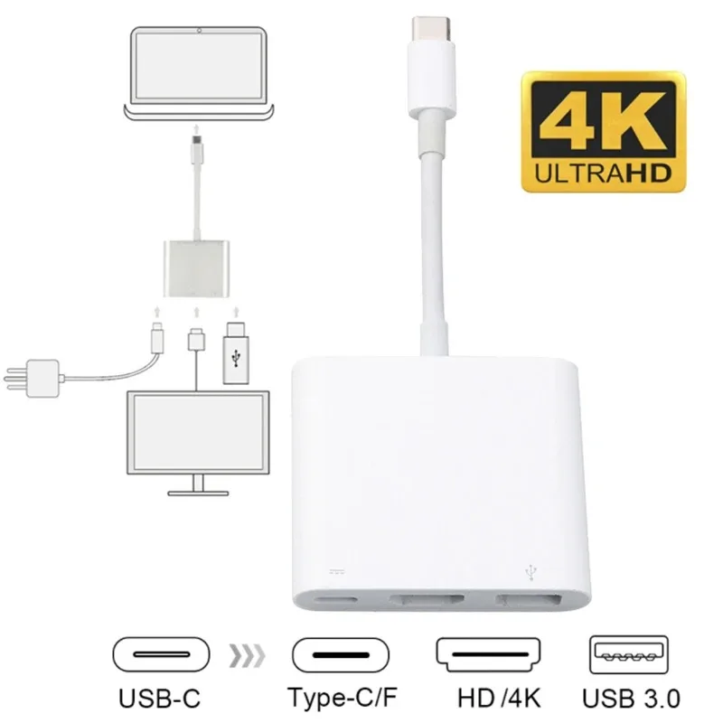 USB-C Digital Av Adapter Thunderbolt3/4 to 4K HD Display PD with Fast Charging Port USB3.1 OTG 3in1 Hub Laptop Docking Station