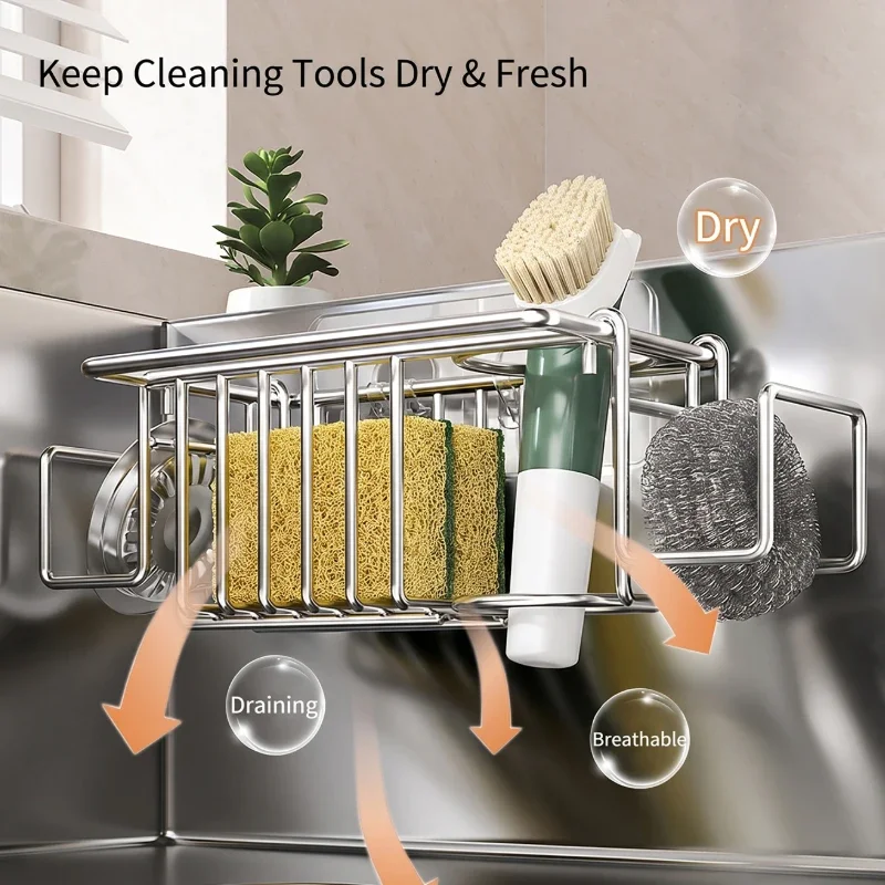 Punch-Free Kitchen Sink Organizer Rack,Sink Caddy,Multi Compartment Sponge Brush Dishcloth Storage Holder,dish Brush Holder