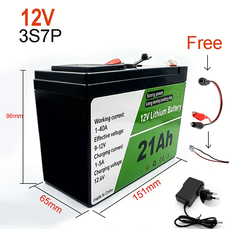 

12V 21Ah 18650 Lithium Ion Battery Pack with 12.6V Charger for Solar LED Lights, Portable Emergency Backup Power Supply