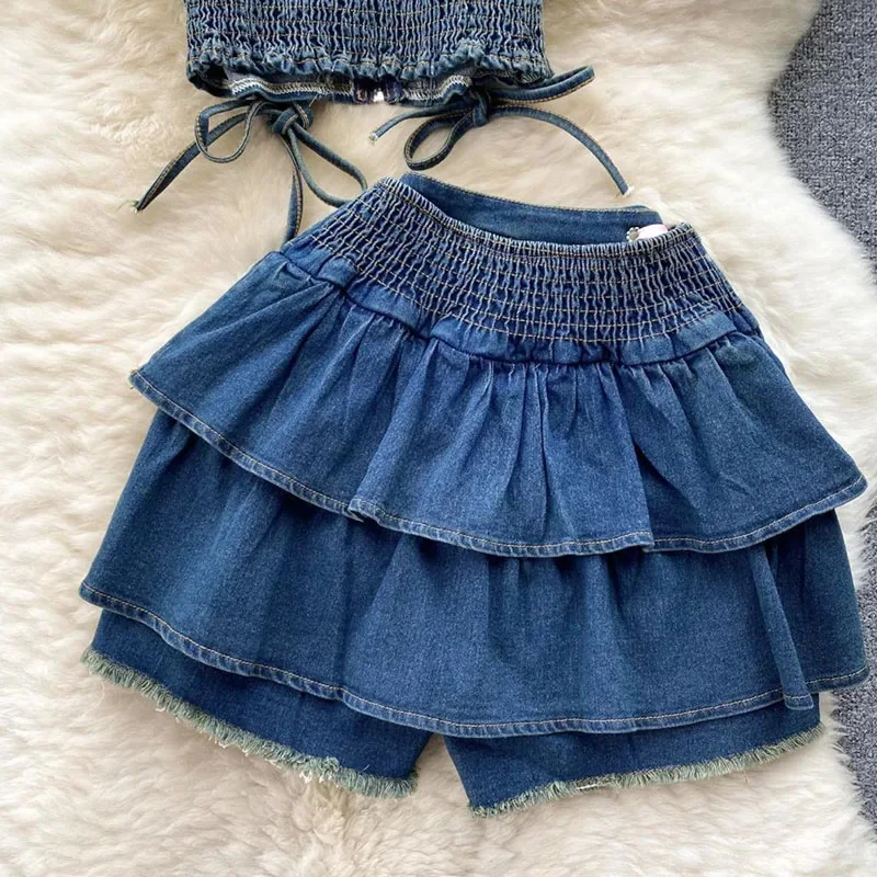 Y2k Skirts Women Denim Bow Mini Spicy Girl A-line Hotsweet Lace Design Dance All-match School Korean Style Cloth Fashion Ins