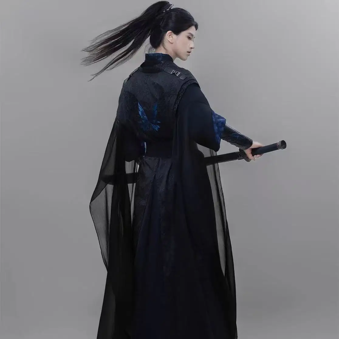 Black Blue Men's Hanfu Traditional Embroidery Cross Collar Clothing Halloween Swordsman Cosplay Costume Stage Wuxia Outfits Sets