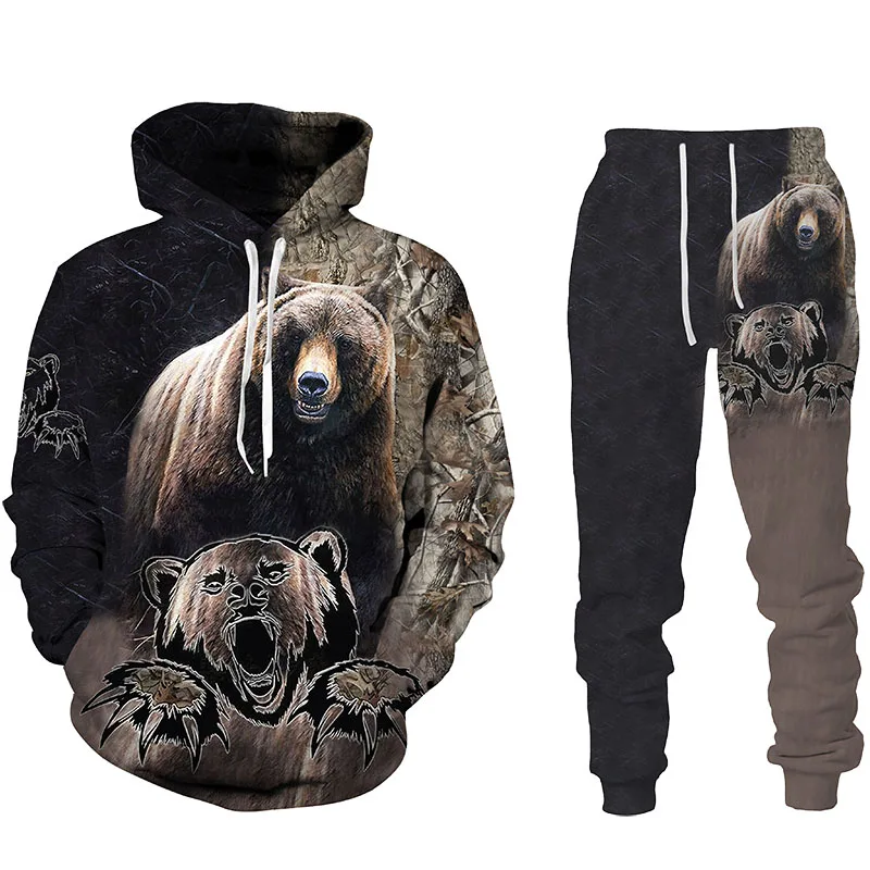 Sudadera con capucha para hombre, suéter con estampado 3D de oso, trajes de cazador, chándal de moda, pantalones de chándal geniales, ropa de