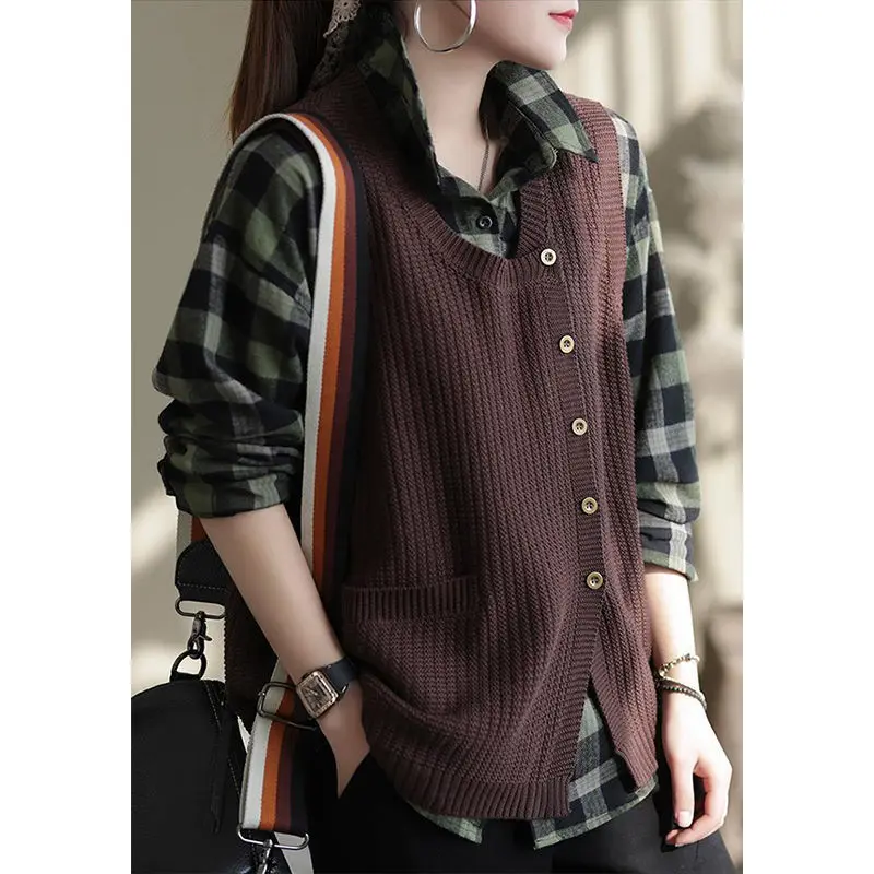 Retro Round Neck Vest Women\'s Spring and Autumn 2023 New Loose Solid Large Cardigan Sleeveless Knitted Tank Top