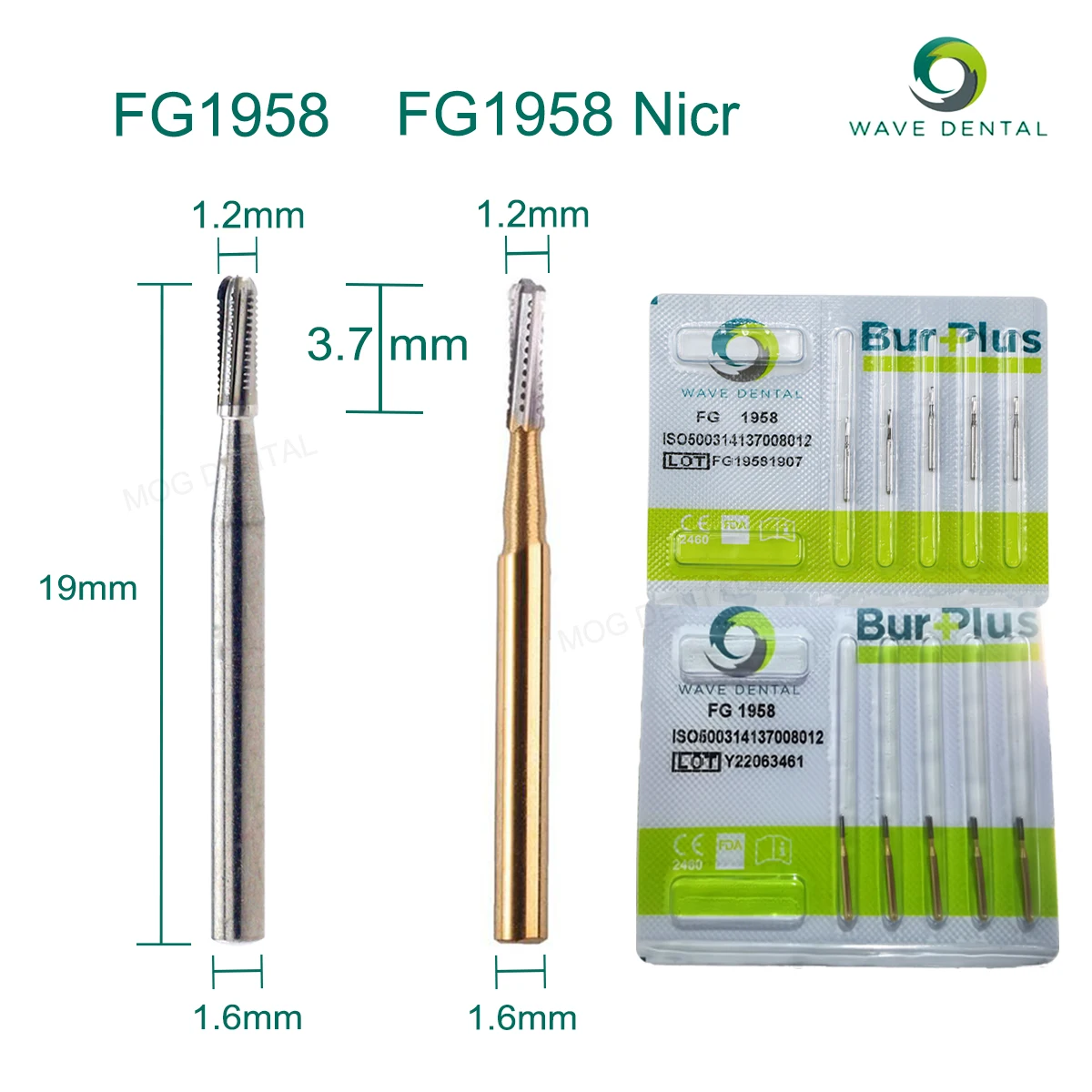 PRIMA WAVE Dental Tungsten Carbide Burs FG1958 Straight Fissure Head with Rounded End Bur for High Speed Handpiece Dentist Tools