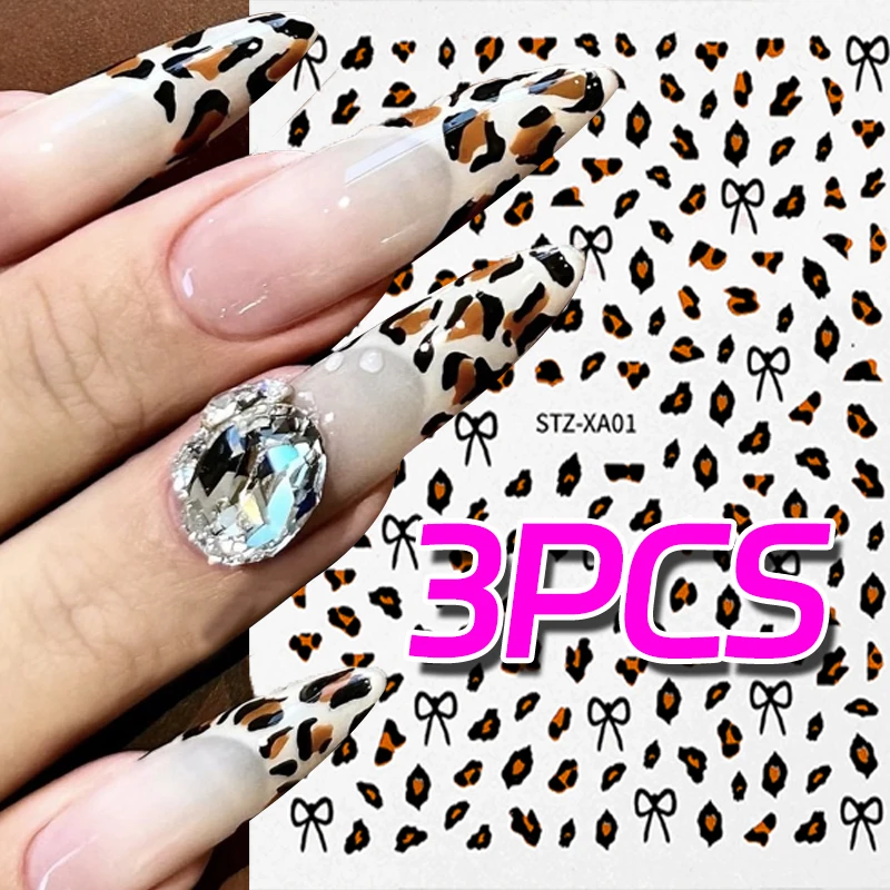 Brown Leopard Print Nail Stickers Decals 3D Leopard Bowknot Water Transfer Nail Stickers Autumn Winter Manicure Adhesive Decor