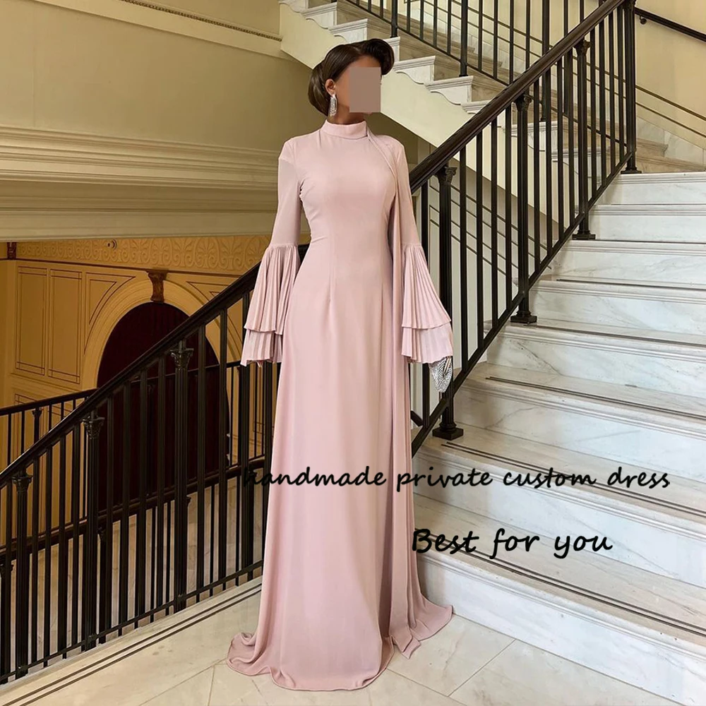 

Dusty Pink Satin Mermaid Evening Dresses Long Sleeve High Neck Dubai Muslim Prom Dress Floor Length Arabic Formal Party Gowns