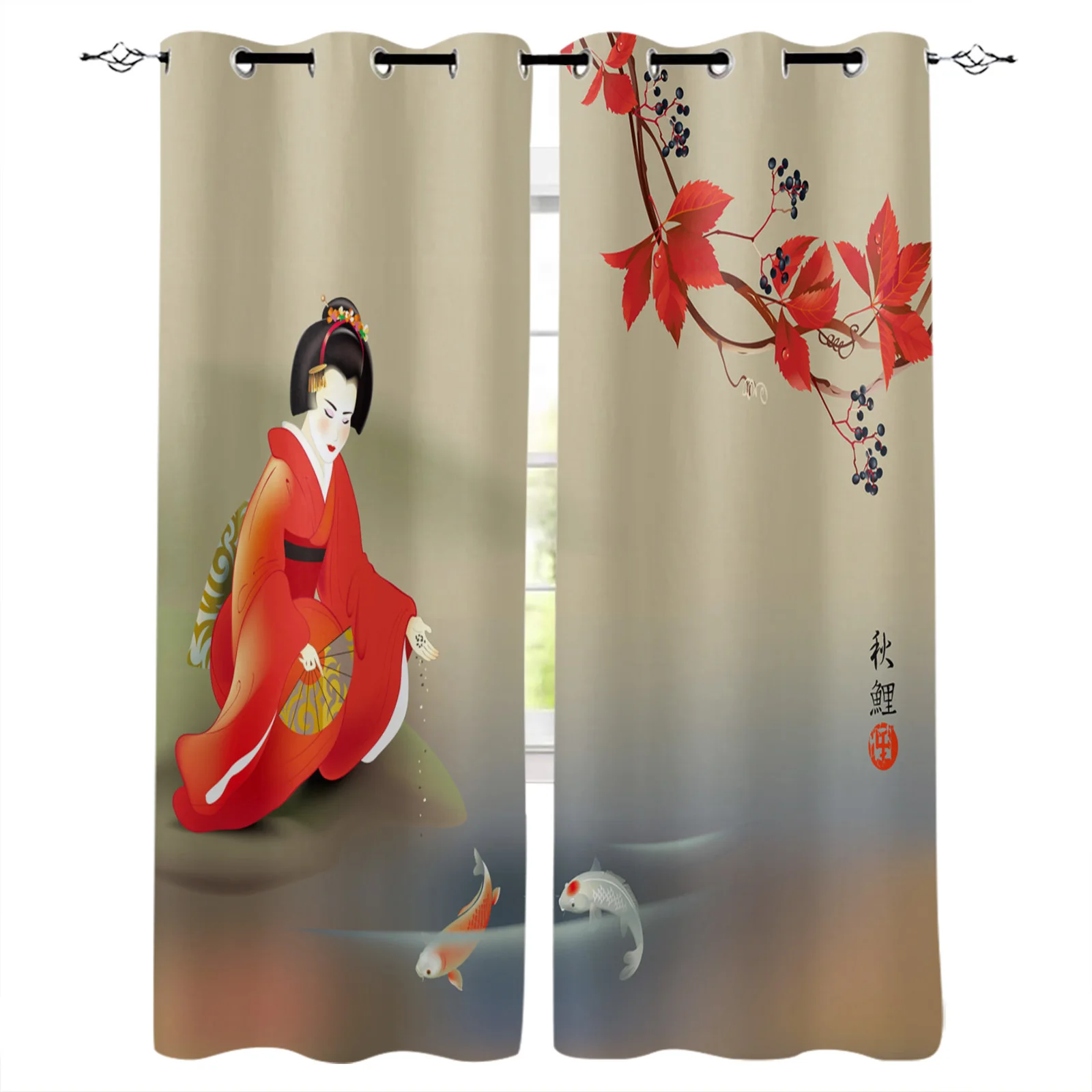 

Japanese Geisha Carp Maple Leaf Blackout Curtains Window Curtains For Bedroom Living Room Decor Window Treatments