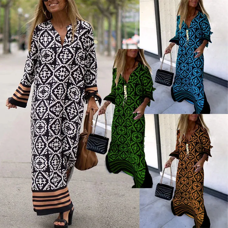 Women Geometry Print Dress Summer Spring 2024 Fashion Long Sleeve Robe Split Sexy Long Midi Evening Dress Street Female Vestidos