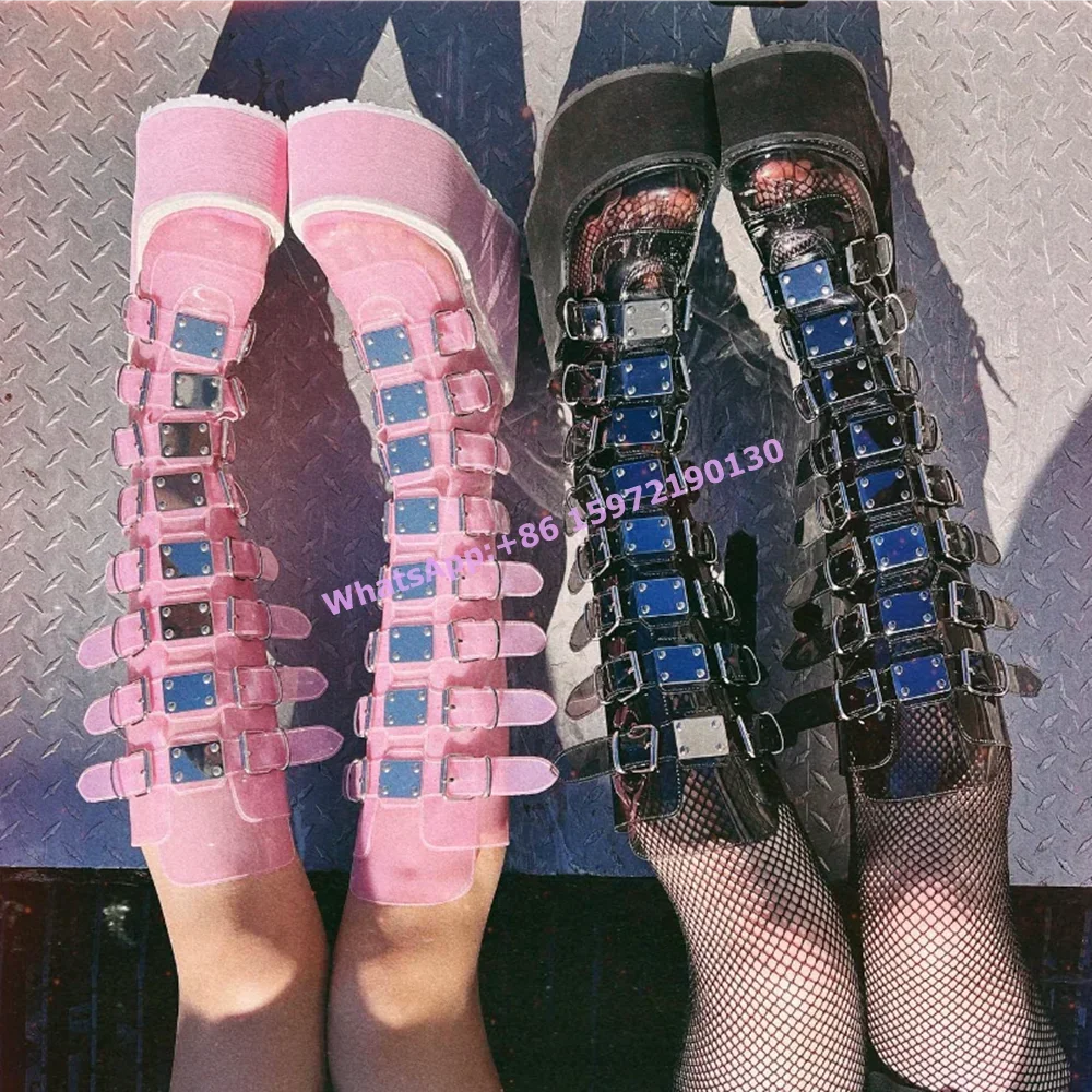 Hotties, botas con cinturón con hebilla de Metal, plataforma de punta redonda de cuero, cuñas de suela gruesa, zapatos negros, botas sexis hasta la rodilla góticas Punk oscuras
