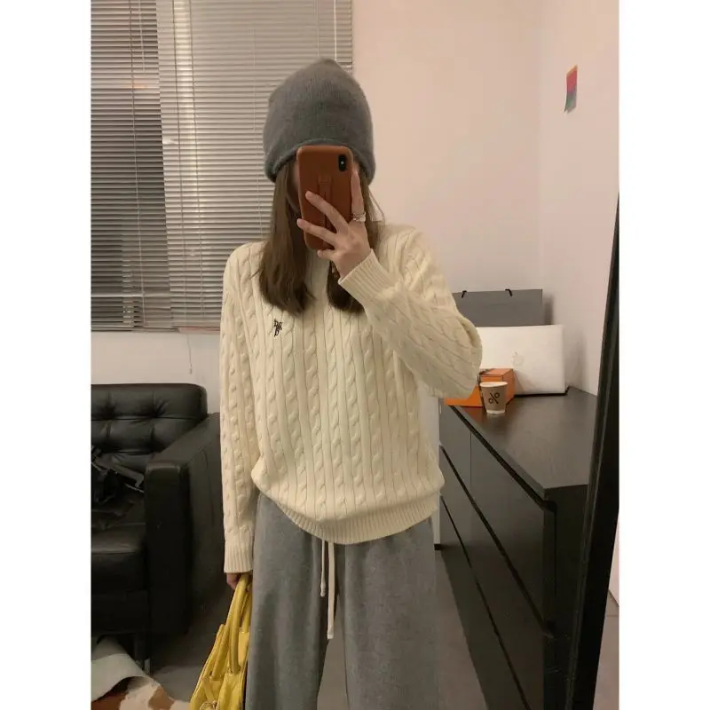 Grey Sweater Female Lazy Style Korean Alphabet Embroidery Pullover College Fried Dough Twists Knit Female