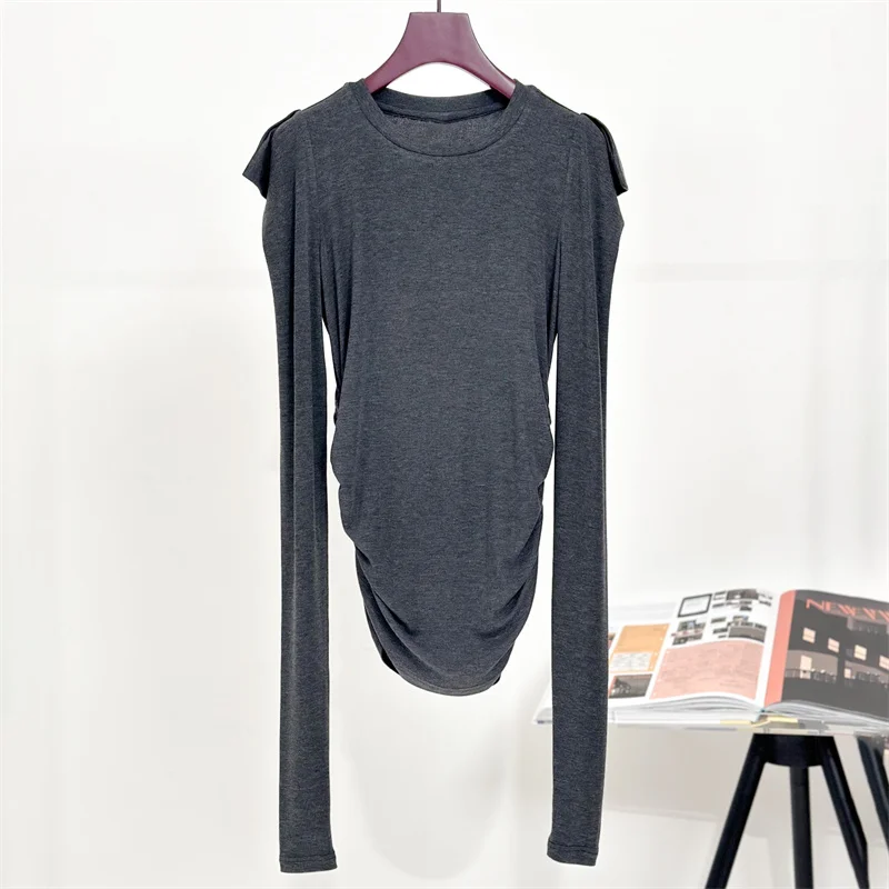 T-shirts New autumn 2024 pleated slim fit women\'s long sleeved top Elastic round neck pullover sweater wool blend Women top y2k