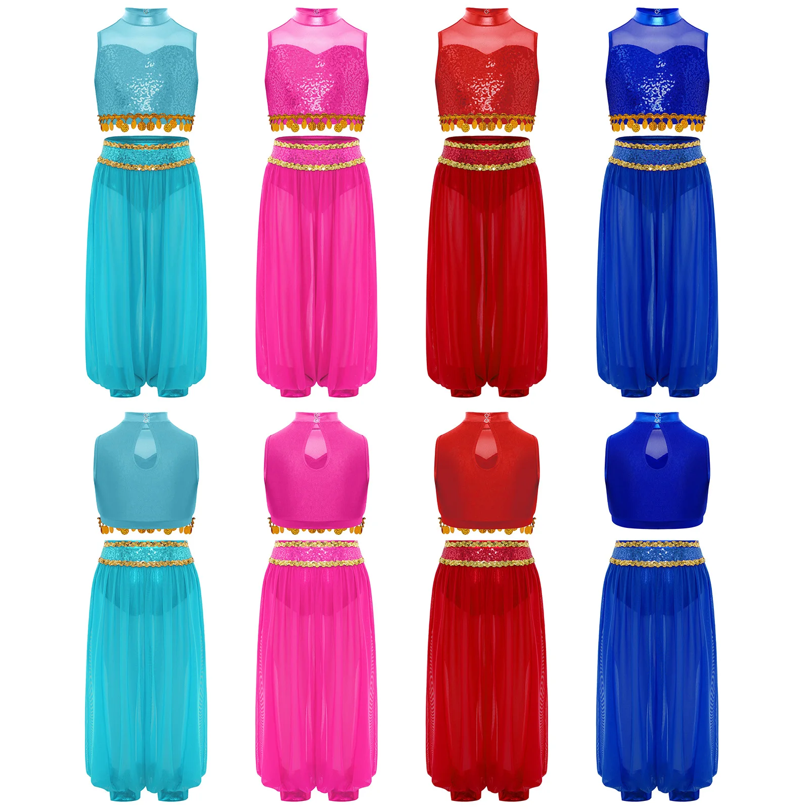 Arabisch buikdanskostuum voor kinderen Danskleding voor meisjes Mouwloze crop top met pailletten en mesh bloeiersbroek voor toneelvoorstellingen