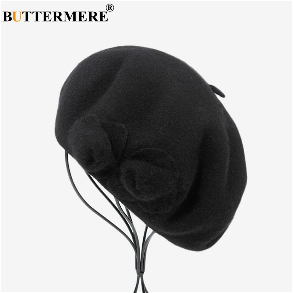 BUTTERMERE Wool Beret French Beanie Winter Hats For Women Flower Red Flat Cap Lady Girl Berets Female Bone Tocas Painter Hat