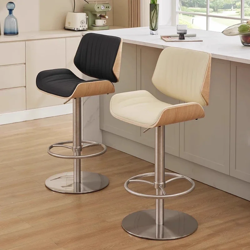 

Light Luxury Bar Chair Solid Wood Lifting Rotating Comfortable High Stool Stainless Steel Home Leisure Backrest Island Chairs