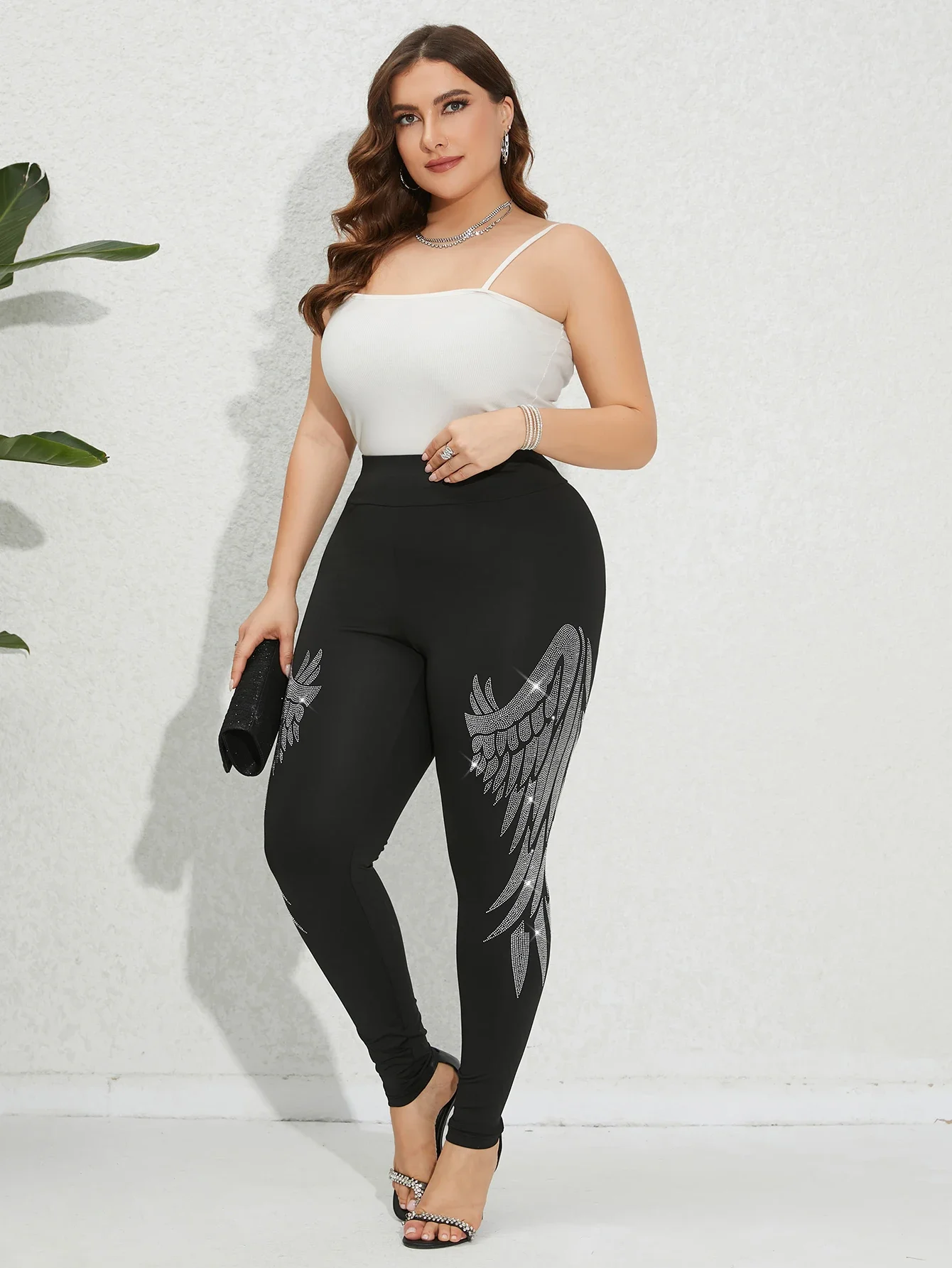 Plus Size Women\'s Leggings Sparkling Rhinestone Angel Wings Pattern Skinny Trousers Fashion Casual High Stretch Knit Bottoms