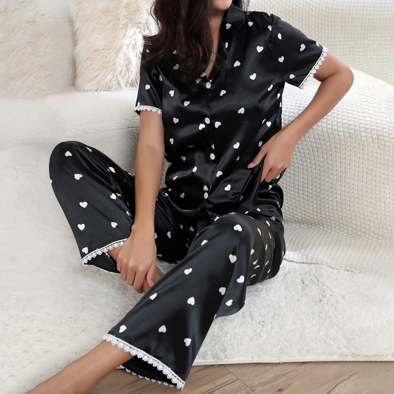 Satin Pajamas For Women Floral Print Short Sleeve Button Down Tops Pajama Pants Pj Set Soft Loungewear Pyjama Femme Home Clothes