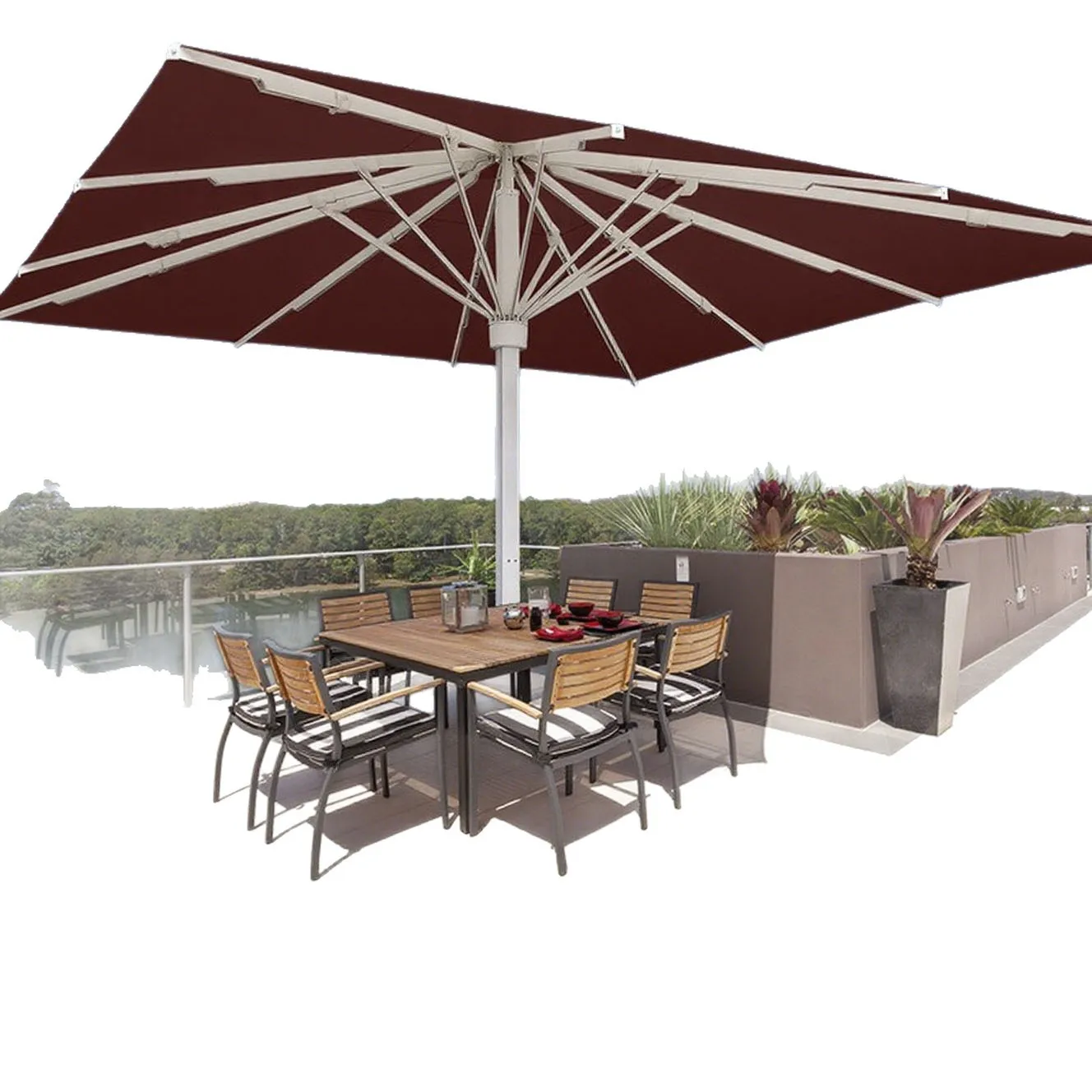 Villa hotel large outdoor parasol commercial aluminum alloy central column imperial umbrella with light strip square project