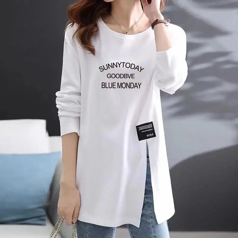 Fashion O-Neck Loose Letter Slit T-Shirt Female Clothing 2023 Autumn New Oversized Casual Pullovers All-match Tee Shirt