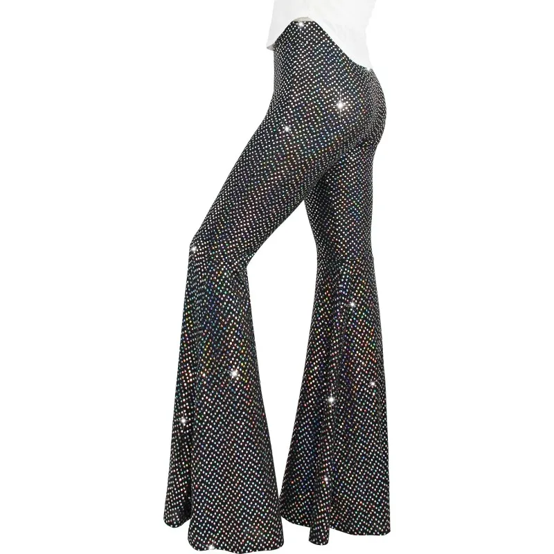 Women Sequin Flare Pants Sparkly High Waist Leg Bell Bottom Glitter Trousers Night Out Clubwear for 70s Cosplay Party Stage Wear