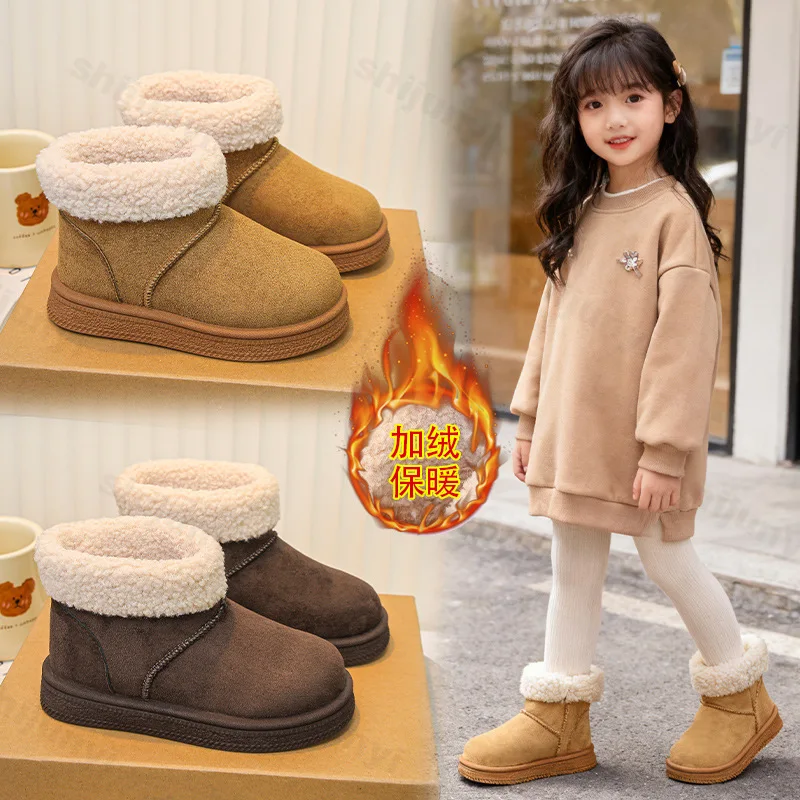 Botas de nieve de invierno para niños, zapatos de algodón cálidos de felpa con plataforma para niños, botas altas para exteriores, botas de nieve para niña y niño, novedad de 2025